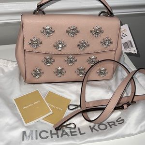 Michael Kors Beige Saffiano Leather Small Ava Crystal’s Top Handle Bag.